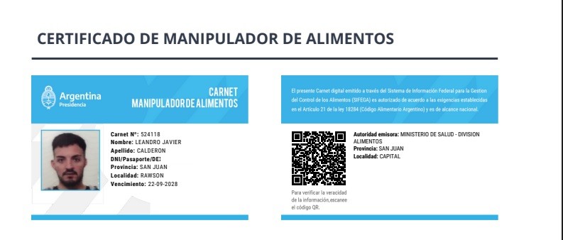 Carnet de Manipulador